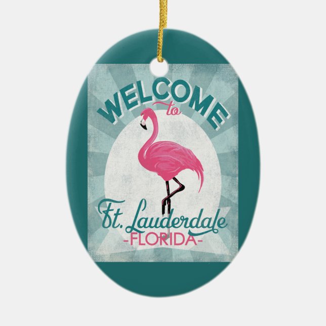 Ft Lauderdale Florida Pink Flamingo Retro Ceramic Ornament (Front)
