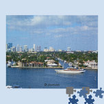 Ft Lauderdale Intracoastal Waterway Skyline Yacht  Jigsaw Puzzle<br><div class="desc">The photo image on this beautiful jigsaw puzzle is the Ft Lauderdale Intracoastal Waterway with its spectacular multi-million-dollar yachts and homes, and a view of the city's skyline in the distance. In the forefront is a yacht with upscale custom wood trim. Fort Lauderdale is a city on Florida's southeastern coast,...</div>