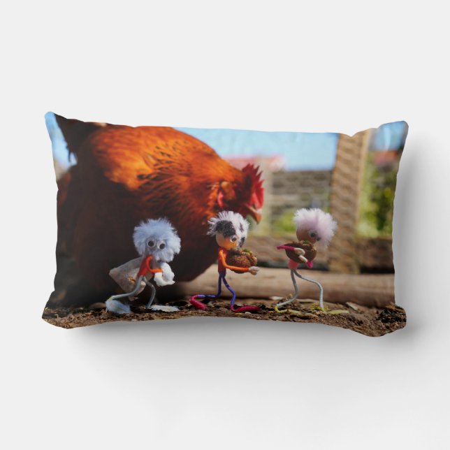 Fubby playing with the chickens and rooster. lumbar pillow (Back)