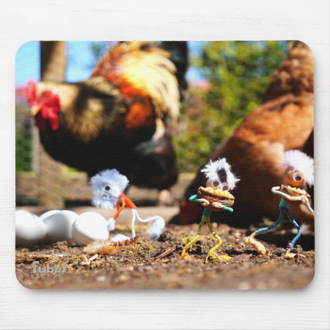 Fubby playing with the chickens and rooster. mouse pad (Front)