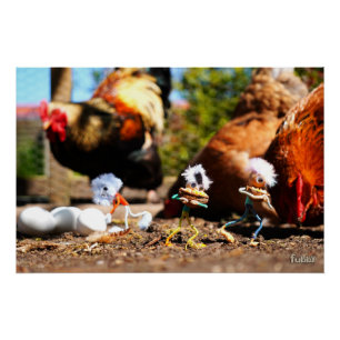 Fubby playing with the chickens and rooster. poster