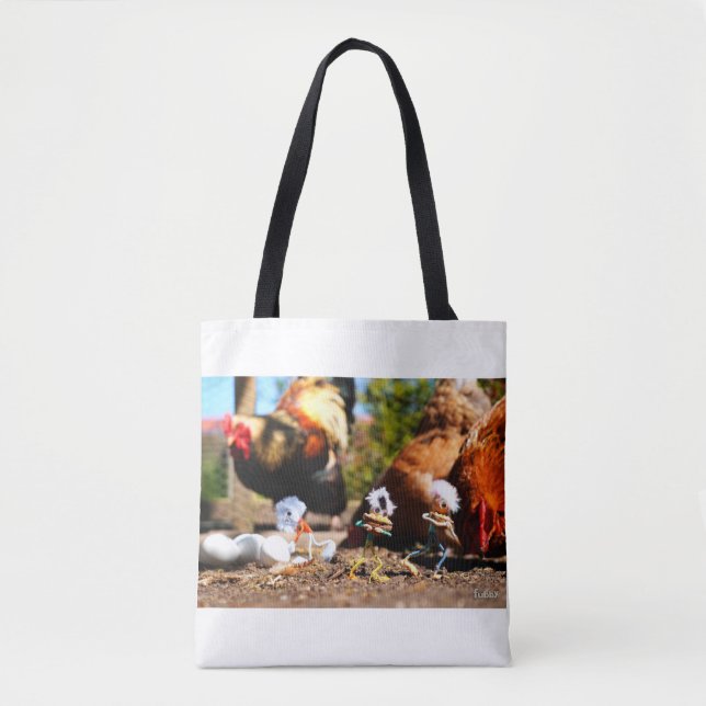 Fubby playing with the chickens and rooster. tote bag (Front)