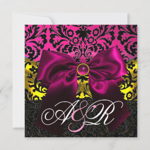 FUCHSA RIBBON GOLD PINK BLACK  DAMASK MONOGRAM INVITATION