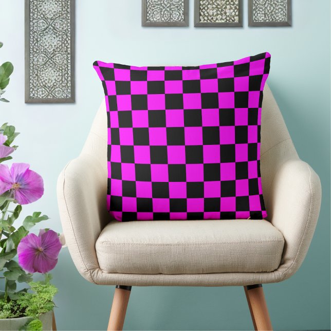 Fuchsia 80s Black Chequered Throw Pillow (Creator Uploaded)