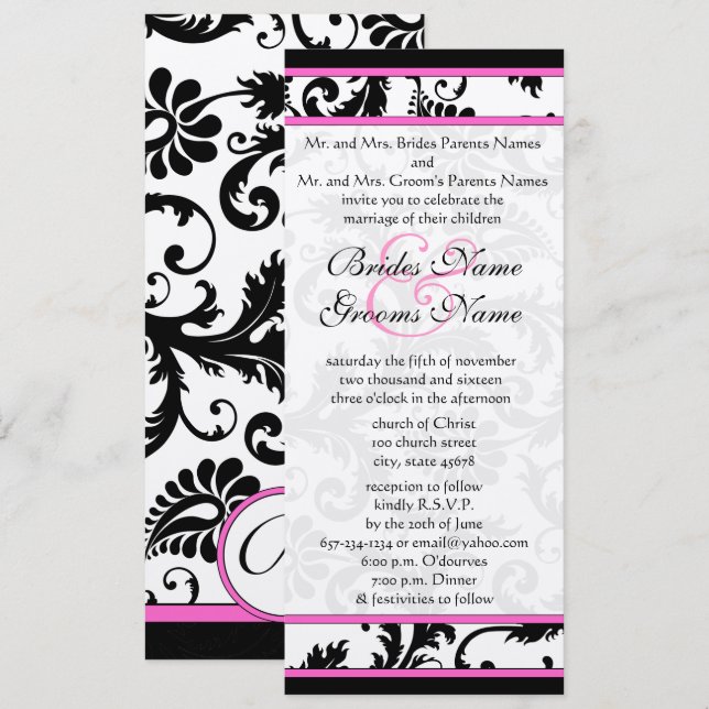 Fuchsia 9x4 Faire-part de mariage de persils Damas (Devant / Derrière)