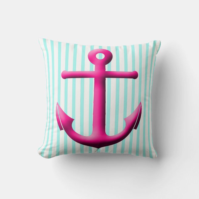 Fuchsia and Aqua Anchor and Stripes Throw Pillow (Front)