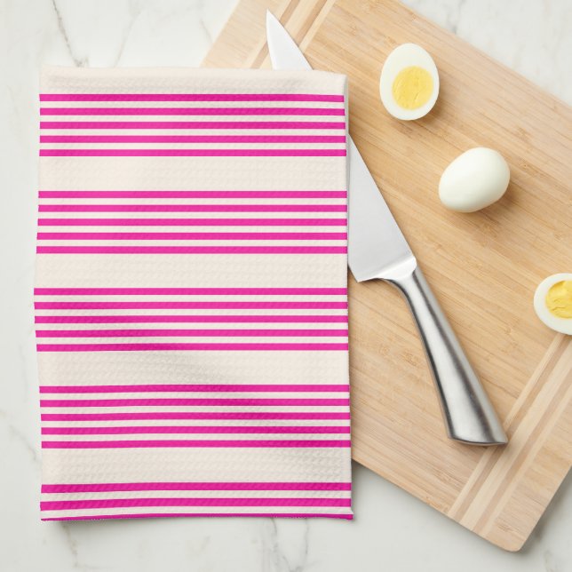 Fuchsia and beige five stripes pattern kitchen towel (Quarter Fold)