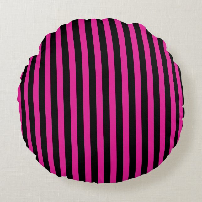 Fuchsia and black candy stripes round pillow (Front)