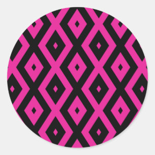 Fuchsia and black diamond pattern classic round sticker