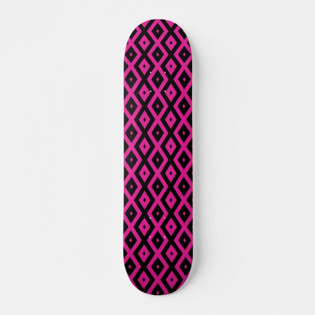 Fuchsia and black diamond pattern skateboard (Front)