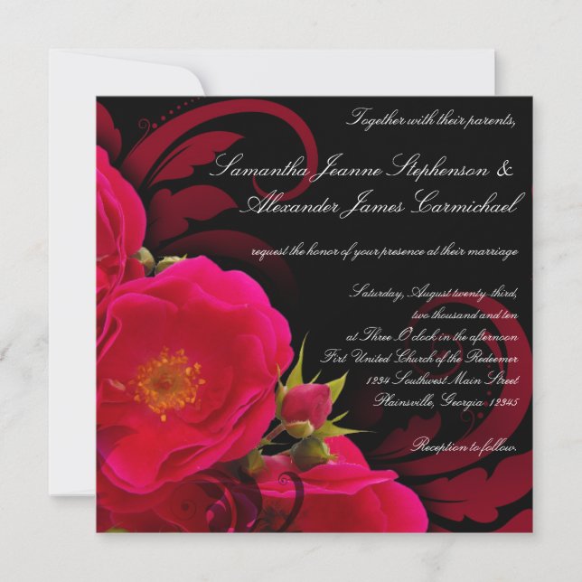 Fuchsia and Black Garden Rose with Swirl Square Invitation (Front)