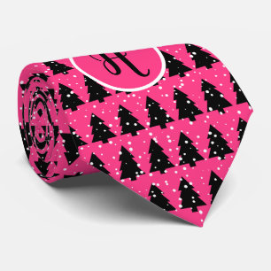 Fuchsia And Black Monogram Christmas Tree Neck Tie