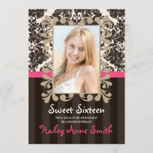 Fuchsia and Brown Vintage Damask Sweet Sixteen Invitation