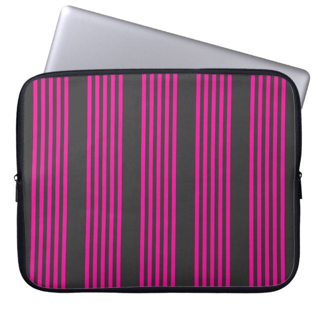 Fuchsia and charcoal five stripes pattern laptop sleeve (Front)