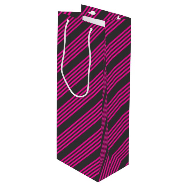Fuchsia and charcoal five stripes pattern wine gift bag (Front Angled)