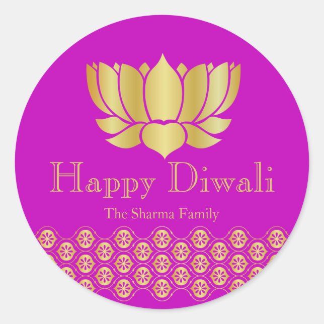 Fuchsia and Gold Diwali Party Favour Classic Round Sticker (Front)