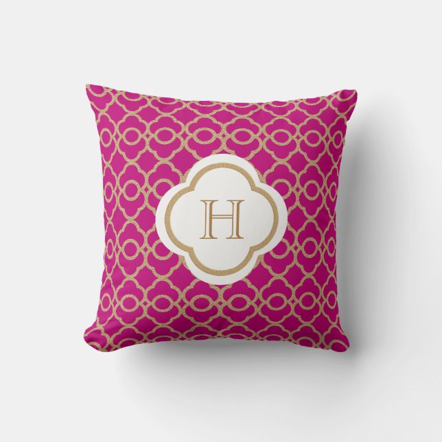 Fuchsia and Gold Moroccan Monogram Throw Pillow (Front)