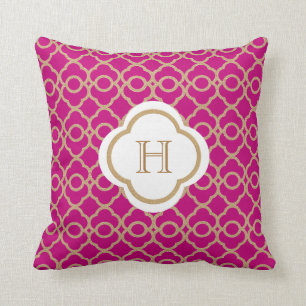 Fuchsia and Gold Moroccan Monogram Throw Pillow