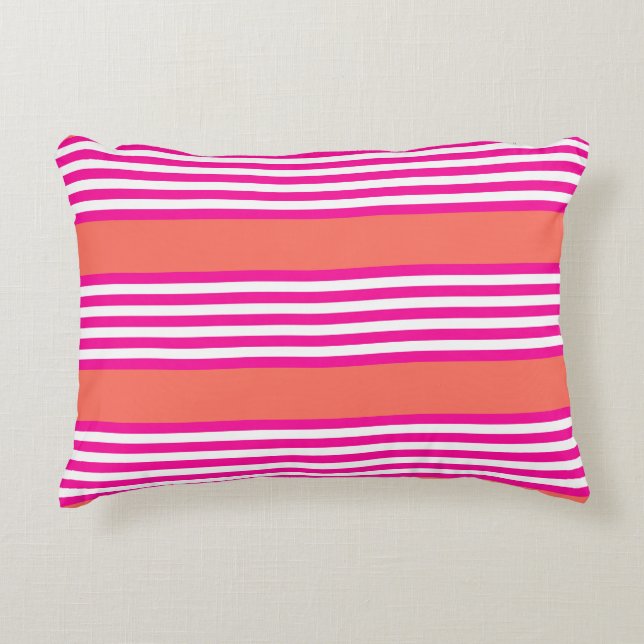 Fuchsia and living coral five stripes pattern accent pillow (Front)