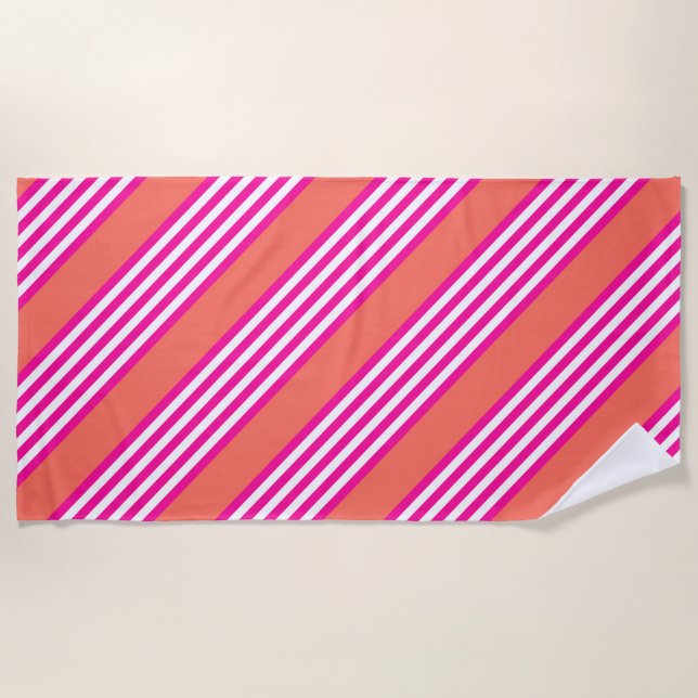 Fuchsia and living coral five stripes pattern beach towel (Front)