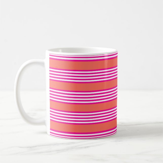 Fuchsia and living coral five stripes pattern coffee mug (Left)