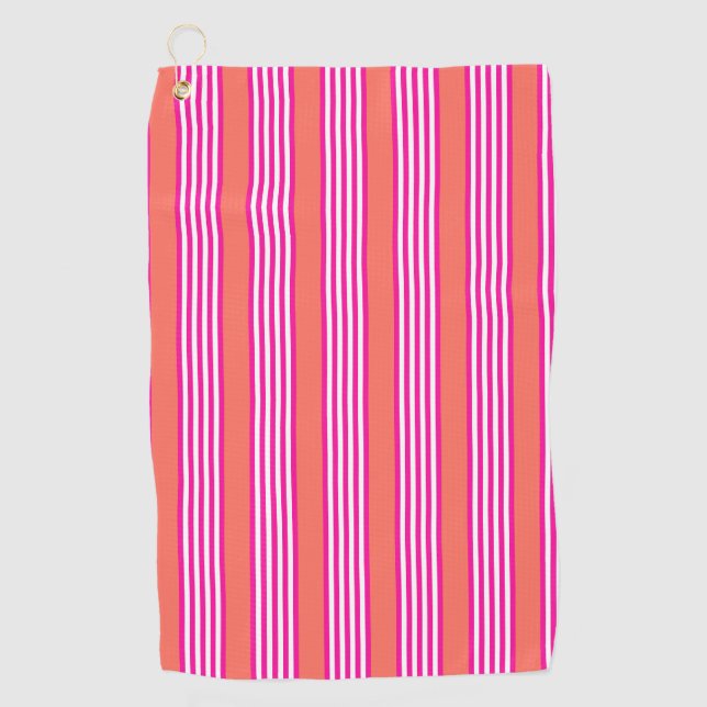 Fuchsia and living coral five stripes pattern golf towel (Front)