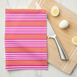 Fuchsia and living coral five stripes pattern kitchen towel