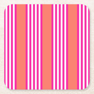 Fuchsia and living coral five stripes pattern square paper coaster