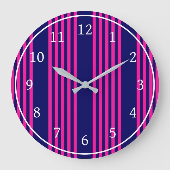 Fuchsia and navy blue five stripes pattern large clock (Front)