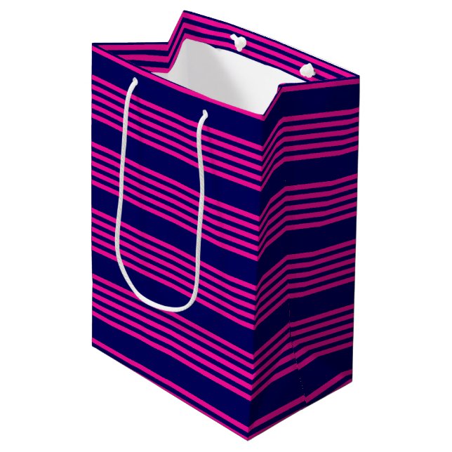 Fuchsia and navy blue five stripes pattern medium gift bag (Front Angled)
