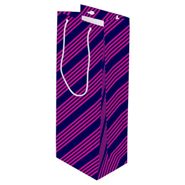 Fuchsia and navy blue five stripes pattern wine gift bag (Front Angled)