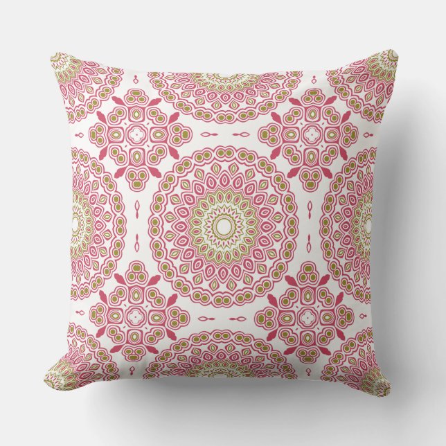 Fuchsia and Olive Mandala Pattern Throw Pillow (Front)