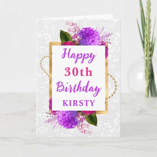Fuchsia and Purple Shabby Flowers Birthday Card (Front)
