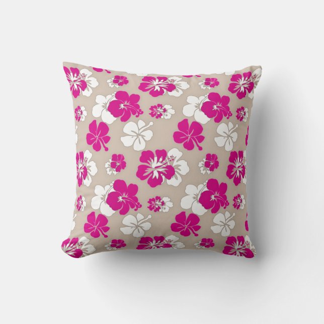 Fuchsia and Sand Hibiscus Throw Pillow (Front)
