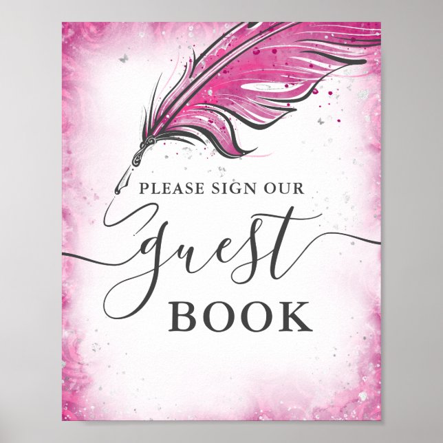 Fuchsia and Silver Guest Book Tabletop Sign (Front)