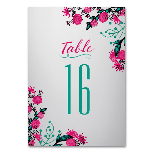 Fuchsia and Turquoise Wedding Table Number (Front)
