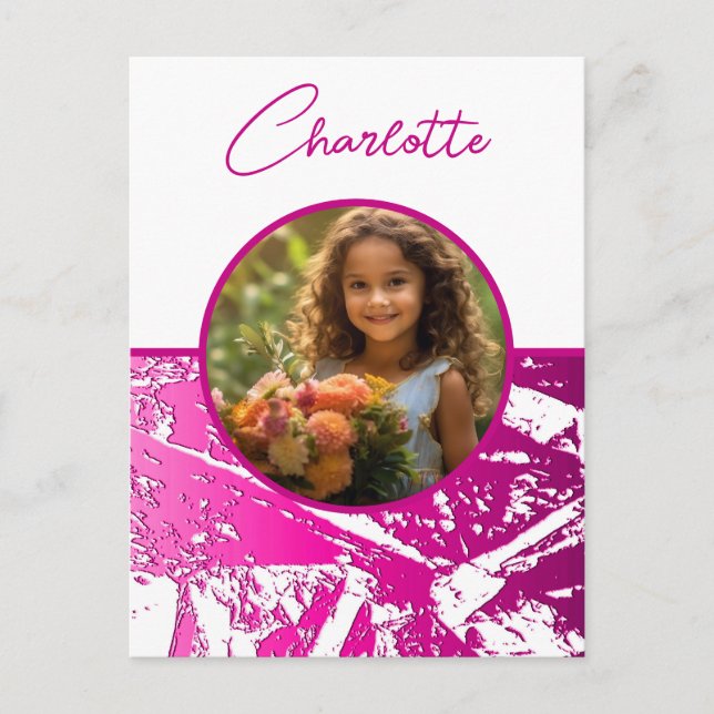 Fuchsia and White Custom Photo with Name Postcard (Front)