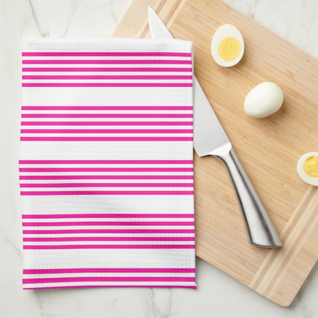 Fuchsia and white five stripes pattern kitchen towel (Quarter Fold)