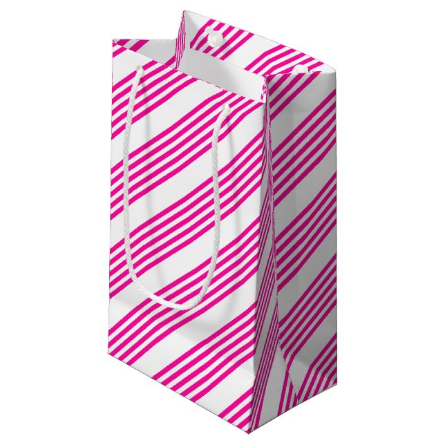 Fuchsia and white five stripes pattern small gift bag (Front Angled)