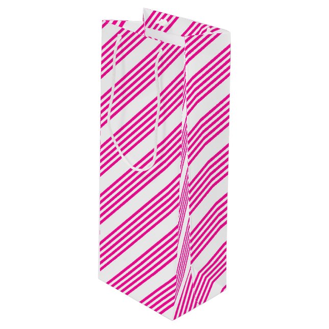 Fuchsia and white five stripes pattern wine gift bag (Front Angled)