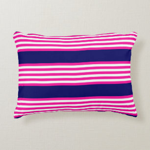 Fuchsia and white five stripes pattern with blue accent pillow