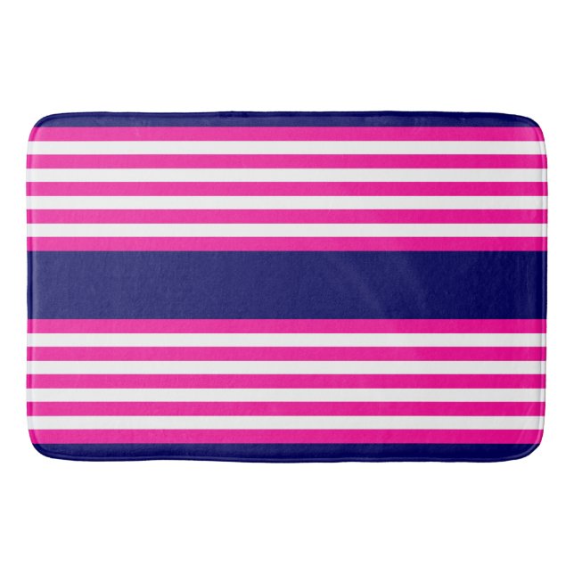 Fuchsia and white five stripes pattern with blue bath mat (Front)