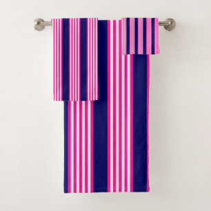 Fuchsia and white five stripes pattern with blue bath towel set