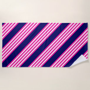 Fuchsia and white five stripes pattern with blue beach towel