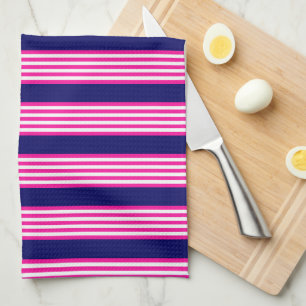 Fuchsia and white five stripes pattern with blue kitchen towel