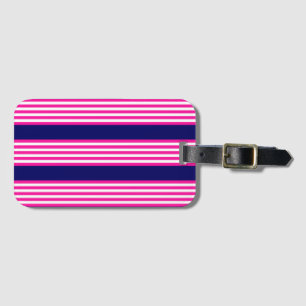 Fuchsia and white five stripes pattern with blue luggage tag