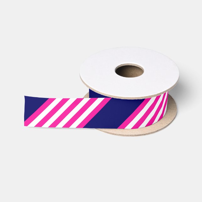 Fuchsia and white five stripes pattern with blue satin ribbon (Spool)