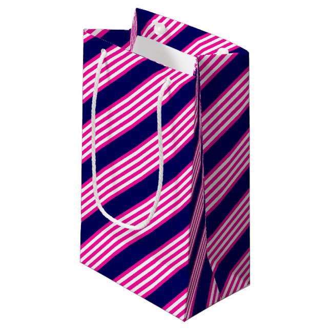 Fuchsia and white five stripes pattern with blue small gift bag (Front Angled)