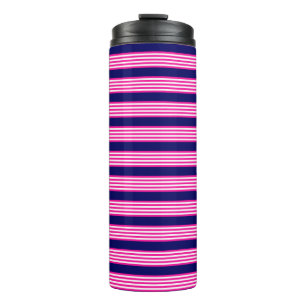 Fuchsia and white five stripes pattern with blue thermal tumbler