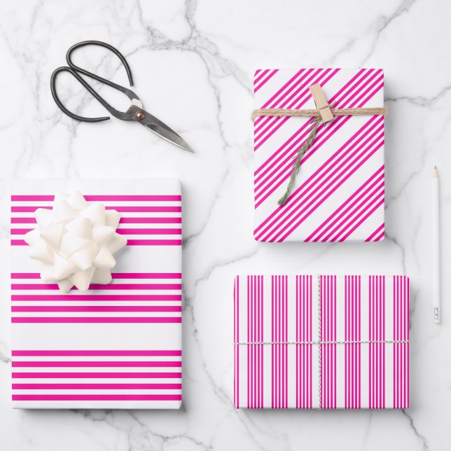 Fuchsia and white five stripes pattern wrapping paper sheet (Front)